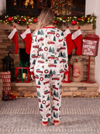 Matching family Christmas pajamas with red truck and tree print and red ribbed trim - view 10