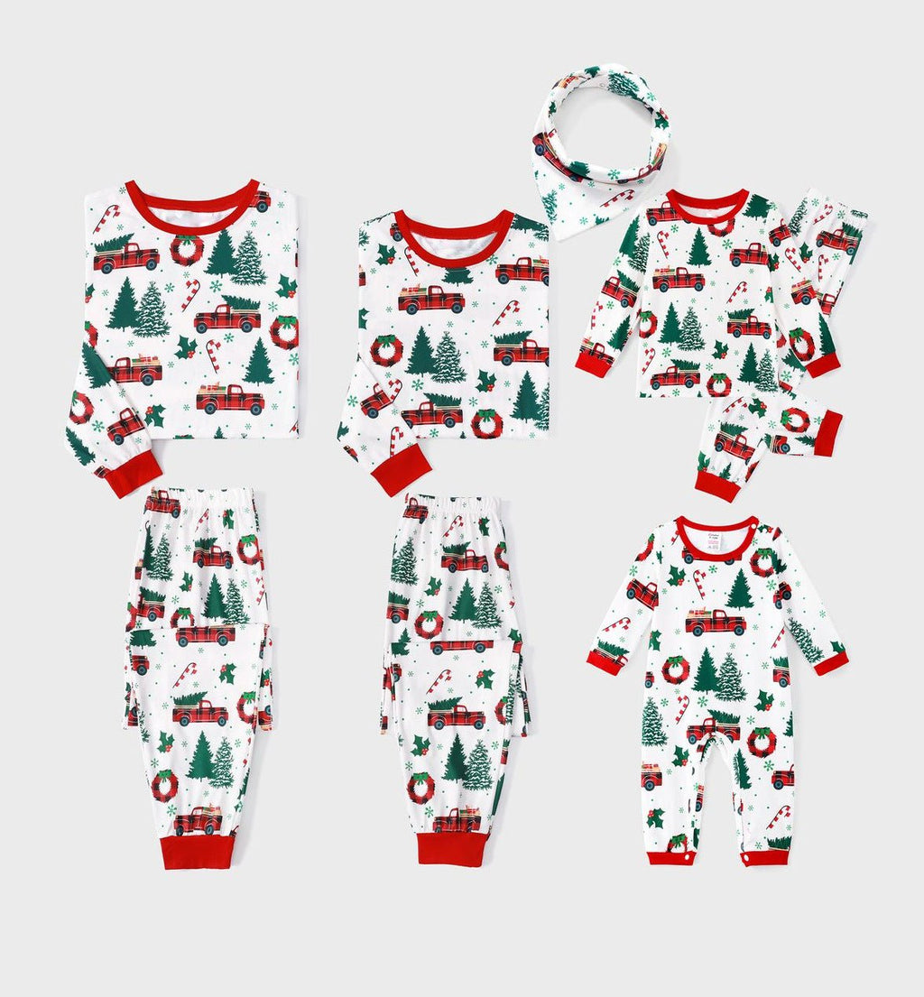 Matching family Christmas pajamas with red truck and tree print and red ribbed trim - view 2