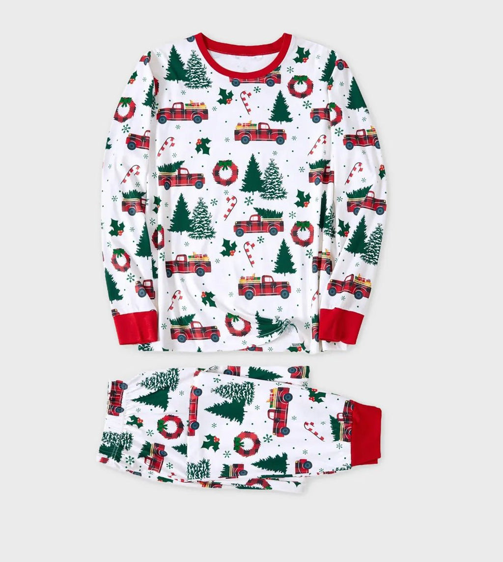 Matching family Christmas pajamas with red truck and tree print and red ribbed trim - view 3