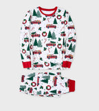 Matching family Christmas pajamas with red truck and tree print and red ribbed trim - view 3