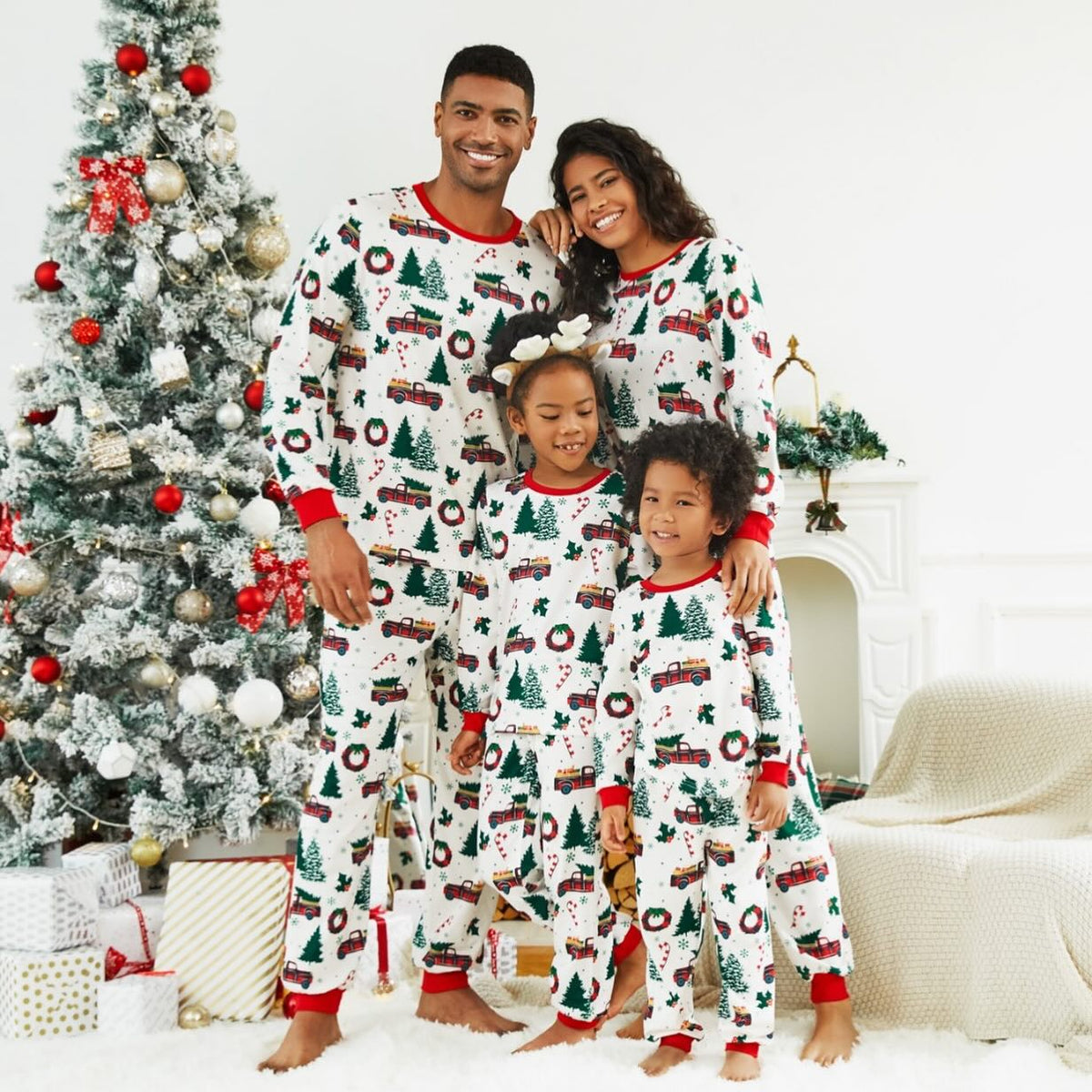Matching family Christmas pajamas with red truck and tree print and red ribbed trim - view 4