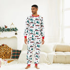Matching family Christmas pajamas with red truck and tree print and red ribbed trim - view 5