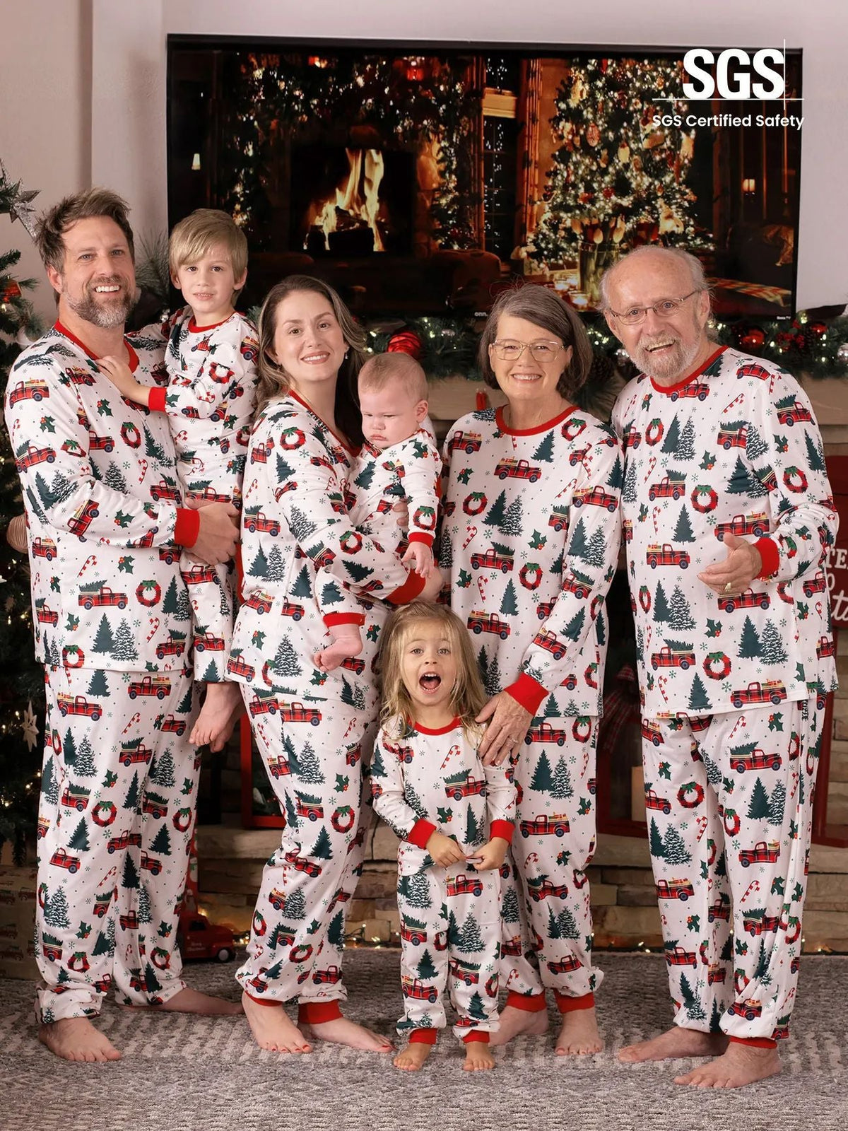 Matching family Christmas pajamas with red truck and tree print and red ribbed trim - view 6