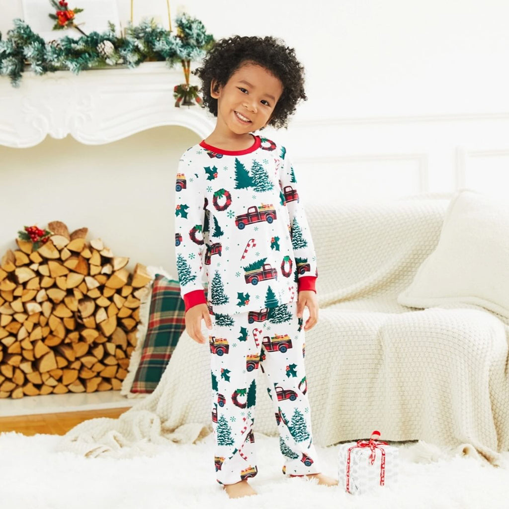 Matching family Christmas pajamas with red truck and tree print and red ribbed trim - view 8