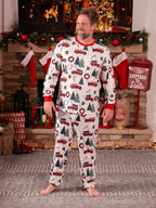 Matching family Christmas pajamas with red truck and tree print and red ribbed trim - view 9