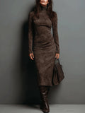 Sculpted faux suede turtleneck midi dress with long sleeves and seam detailing