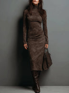Sculpted faux suede turtleneck midi dress with long sleeves and seam detailing
