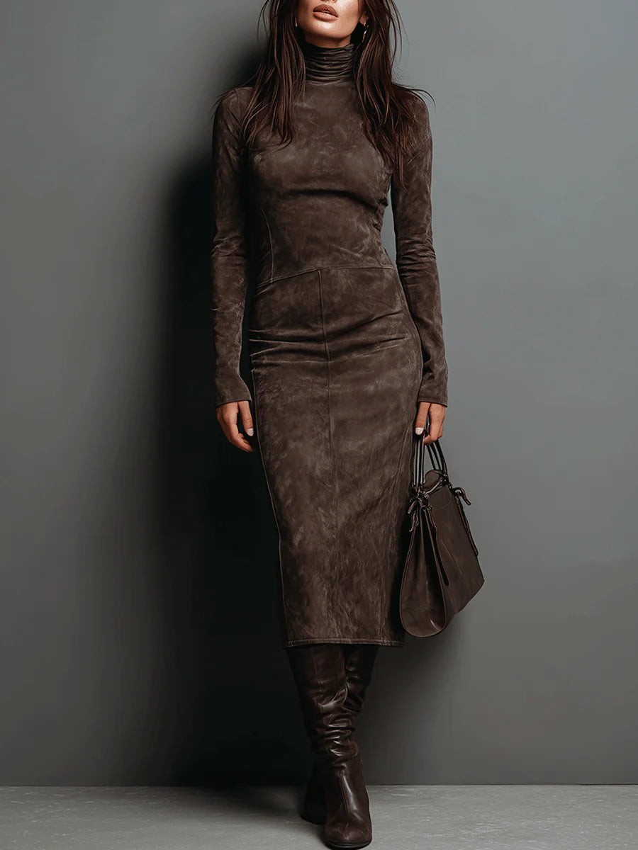 Sculpted faux suede turtleneck midi dress with long sleeves and seam detailing