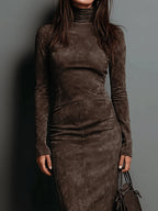 Sculpted faux suede turtleneck midi dress with long sleeves and seam detailing - view 2