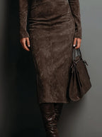 Sculpted faux suede turtleneck midi dress with long sleeves and seam detailing - view 3
