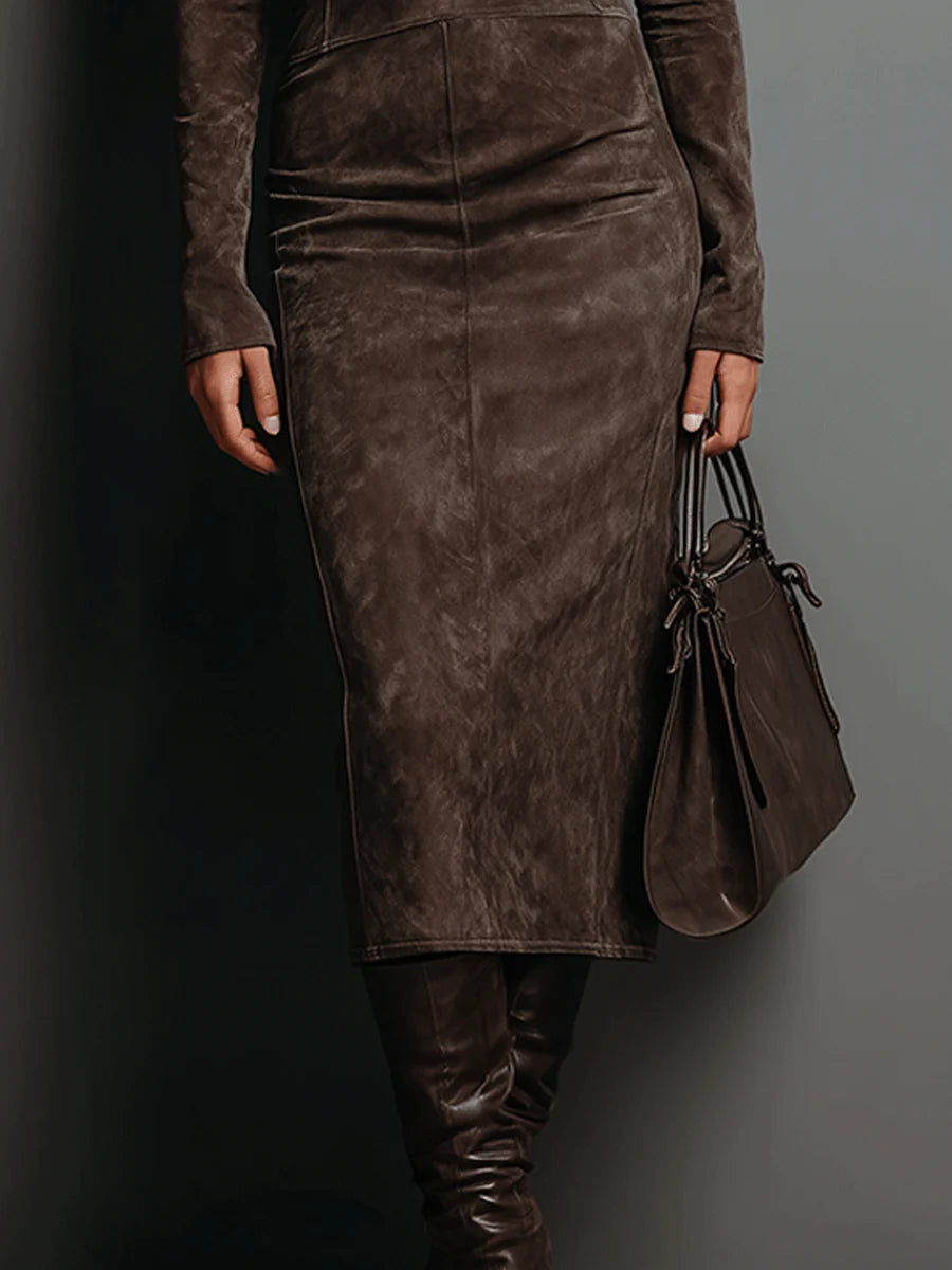 Sculpted faux suede turtleneck midi dress with long sleeves and seam detailing - view 3