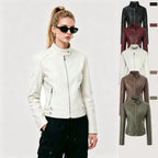 Women's faux leather moto jacket with stand collar and zip front