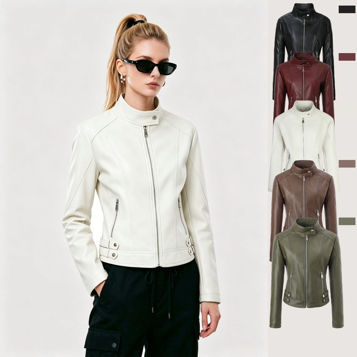 Women's faux leather moto jacket with stand collar and zip front