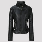 Women's faux leather moto jacket with stand collar and zip front - view 10