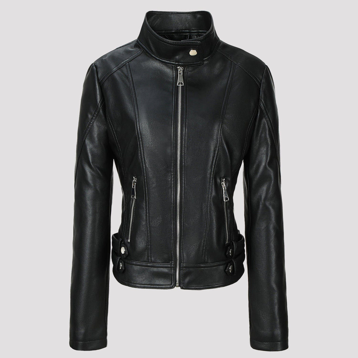 Women's faux leather moto jacket with stand collar and zip front - view 2