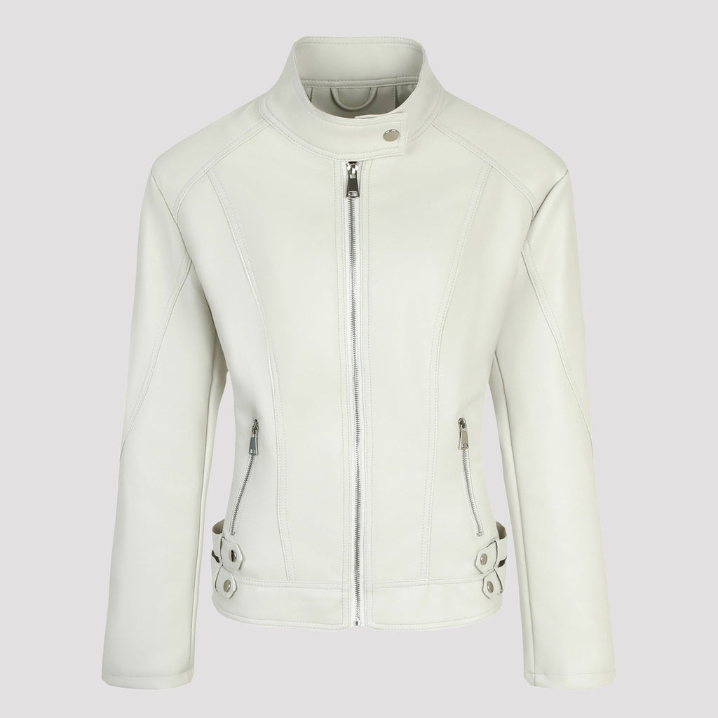 Women's faux leather moto jacket with stand collar and zip front - view 3