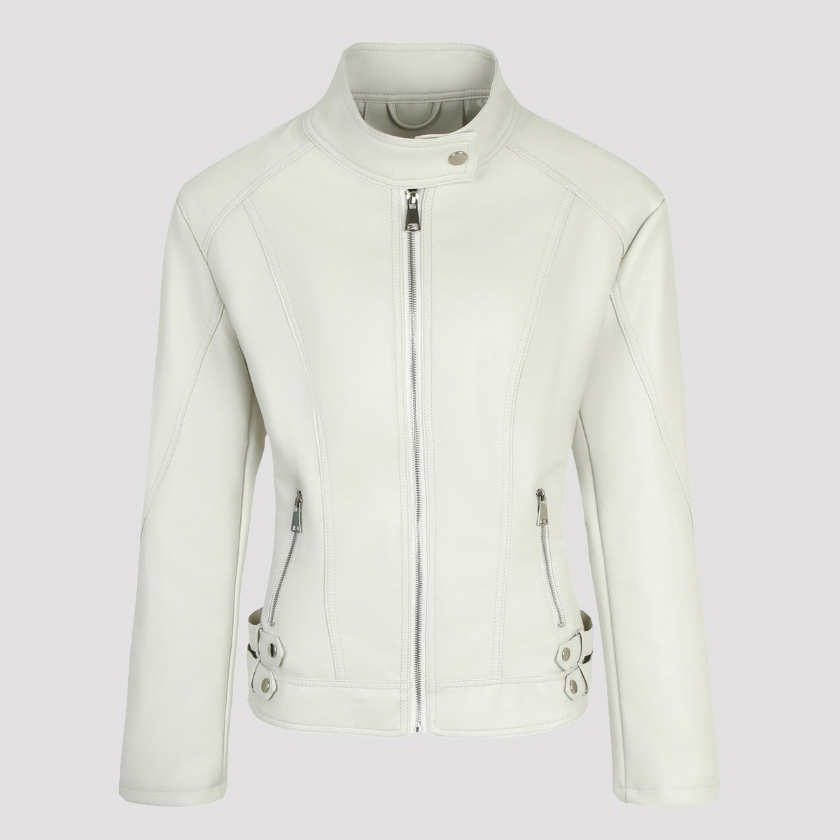 Women's faux leather moto jacket with stand collar and zip front - view 3