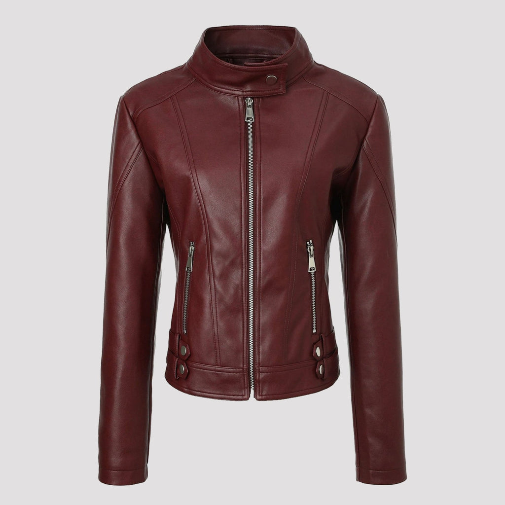 Women's faux leather moto jacket with stand collar and zip front - view 4