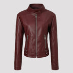 Women's faux leather moto jacket with stand collar and zip front - view 4