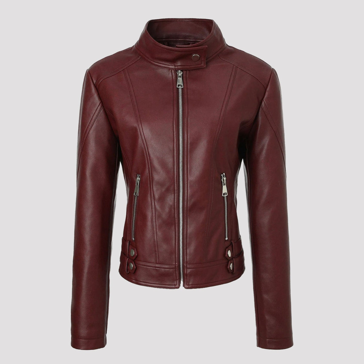 Women's faux leather moto jacket with stand collar and zip front - view 4
