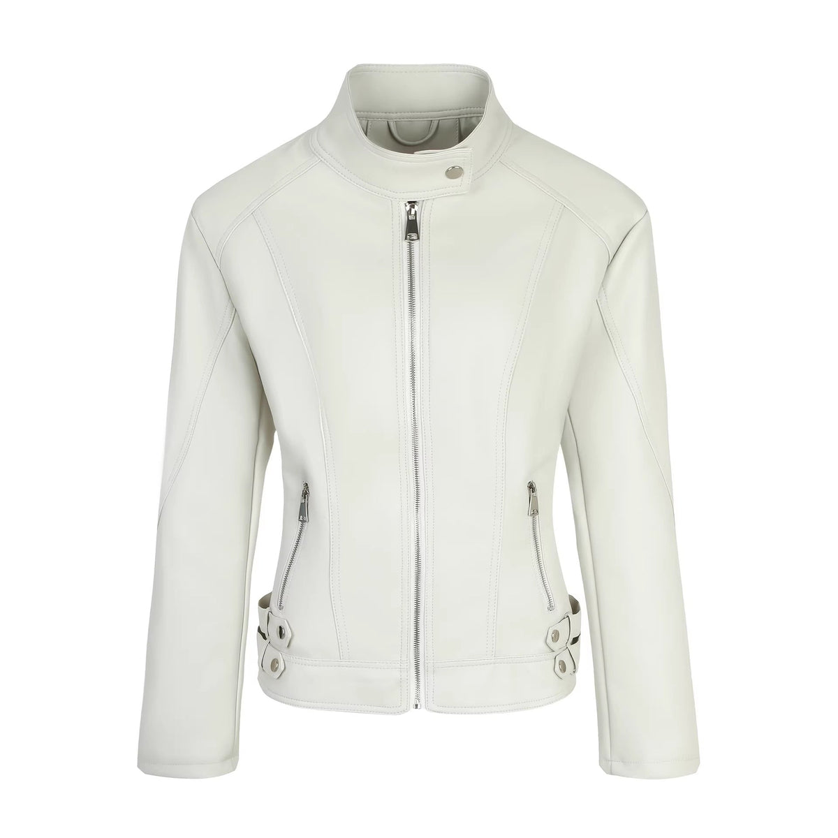 Women's faux leather moto jacket with stand collar and zip front - view 5