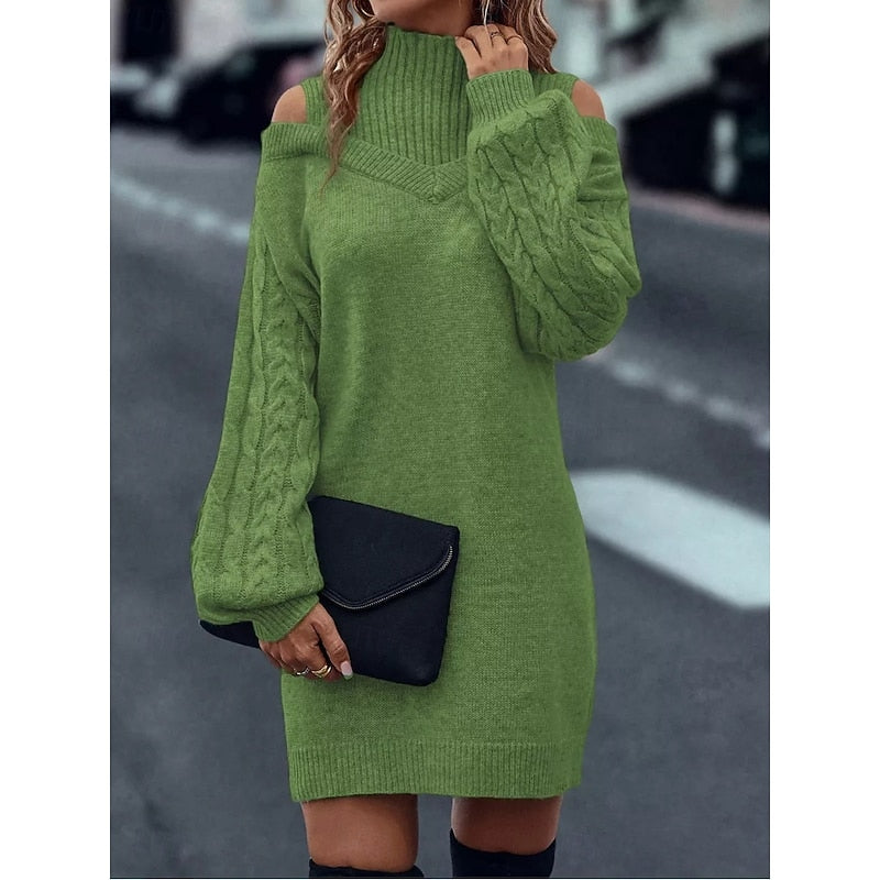 Cold shoulder cable knit sweater dress with mock neck and balloon sleeves - view 11