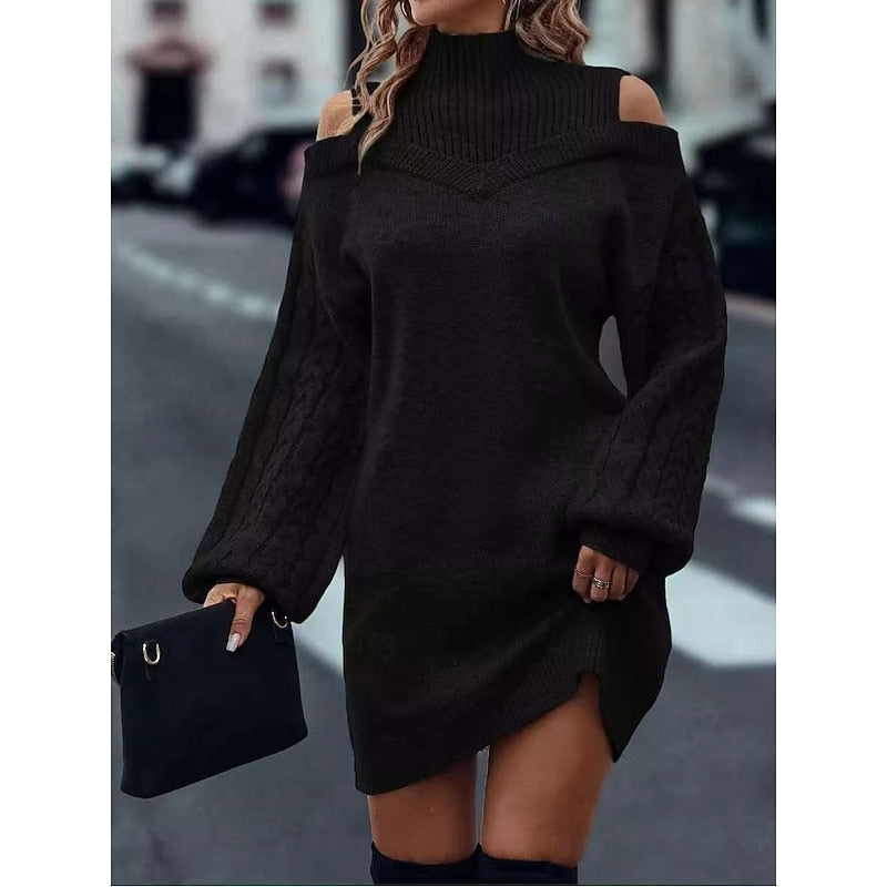 Cold shoulder cable knit sweater dress with mock neck and balloon sleeves - view 13