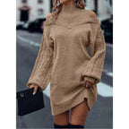 Cold shoulder cable knit sweater dress with mock neck and balloon sleeves - view 3