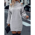Cold shoulder cable knit sweater dress with mock neck and balloon sleeves - view 9