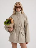 Khaki cinched waist zip up jacket with high collar and snap flap pockets