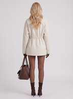 Khaki cinched waist zip up jacket with high collar and snap flap pockets - view 11