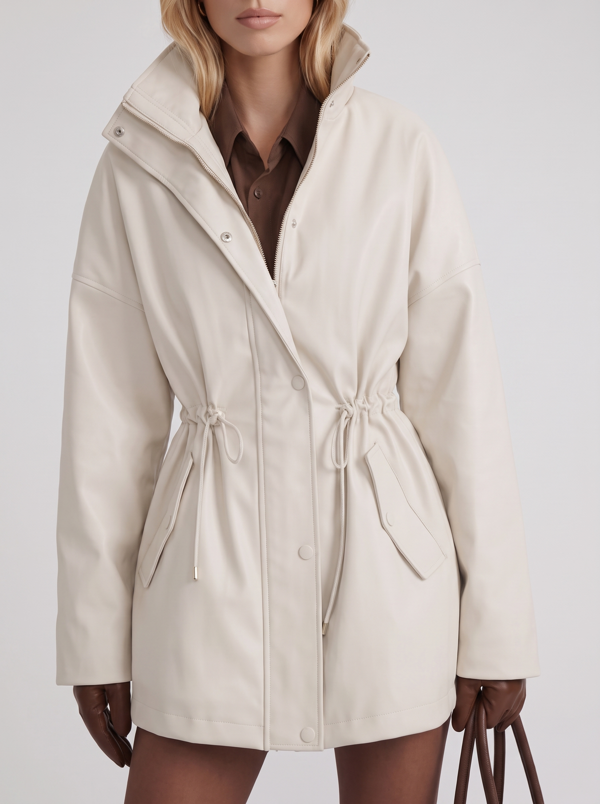 Khaki cinched waist zip up jacket with high collar and snap flap pockets - view 12