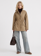 Khaki cinched waist zip up jacket with high collar and snap flap pockets - view 14