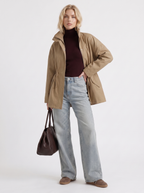 Khaki cinched waist zip up jacket with high collar and snap flap pockets - view 15