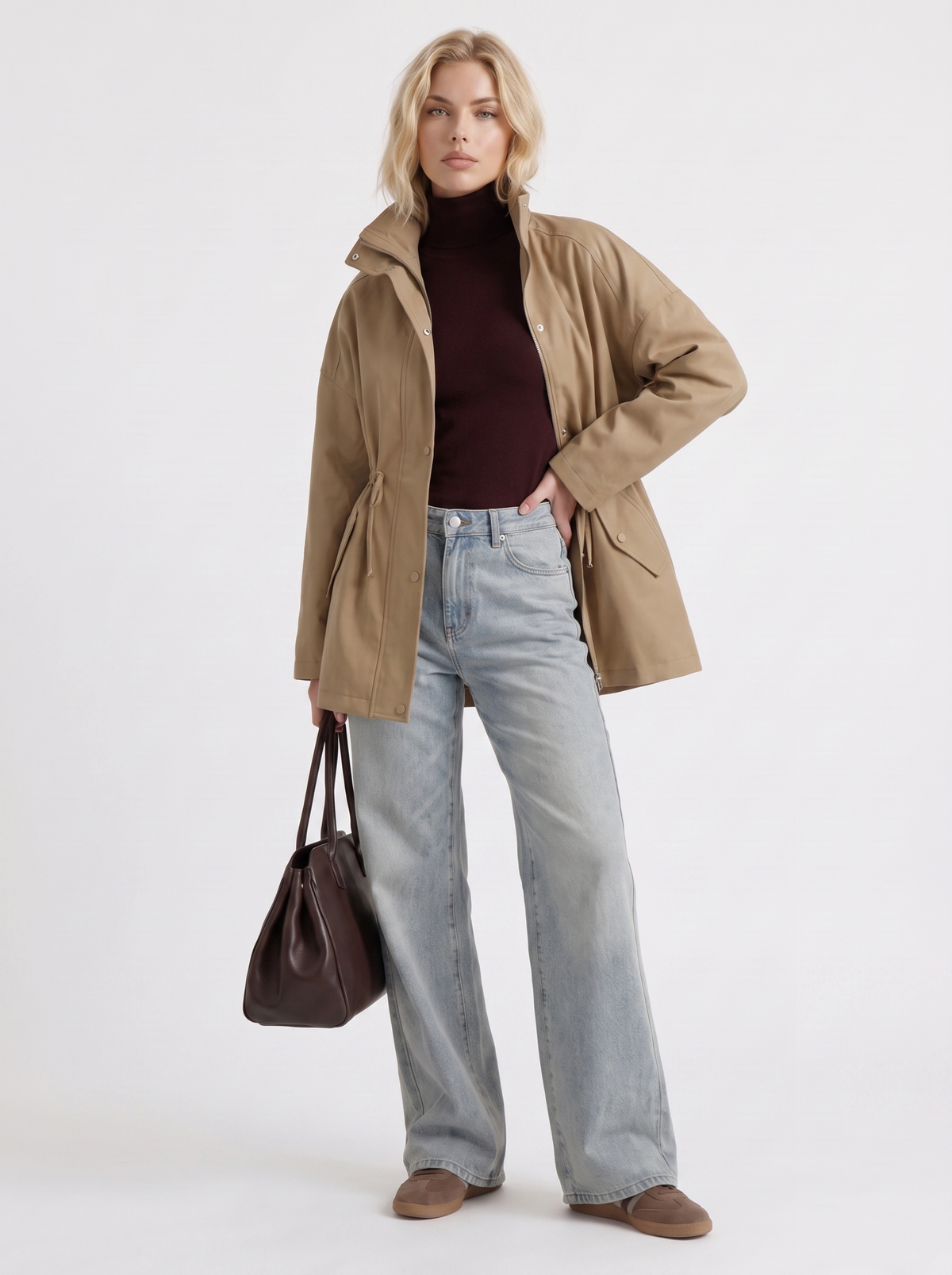 Khaki cinched waist zip up jacket with high collar and snap flap pockets - view 15