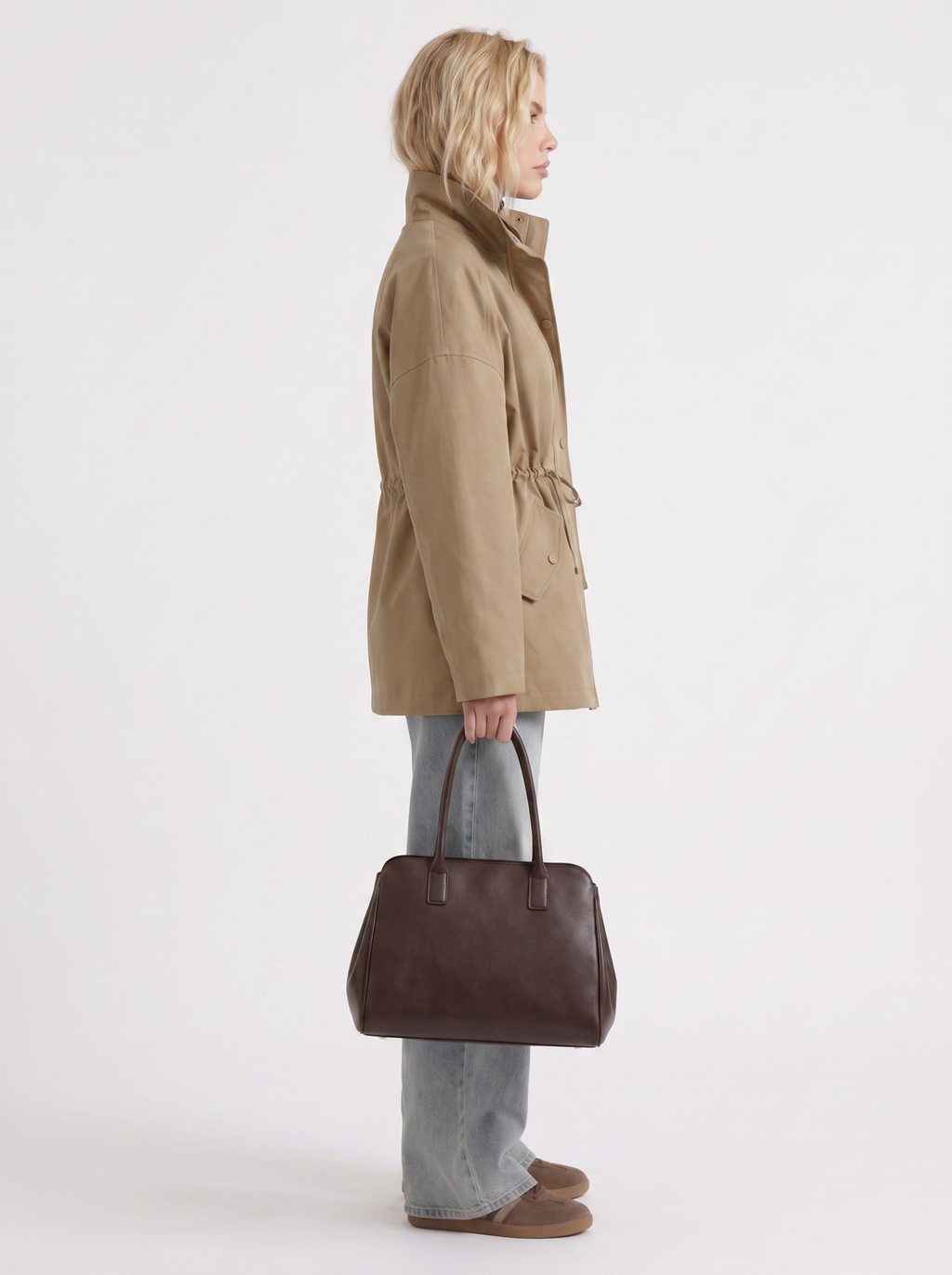 Khaki cinched waist zip up jacket with high collar and snap flap pockets - view 16