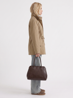 Khaki cinched waist zip up jacket with high collar and snap flap pockets - view 16