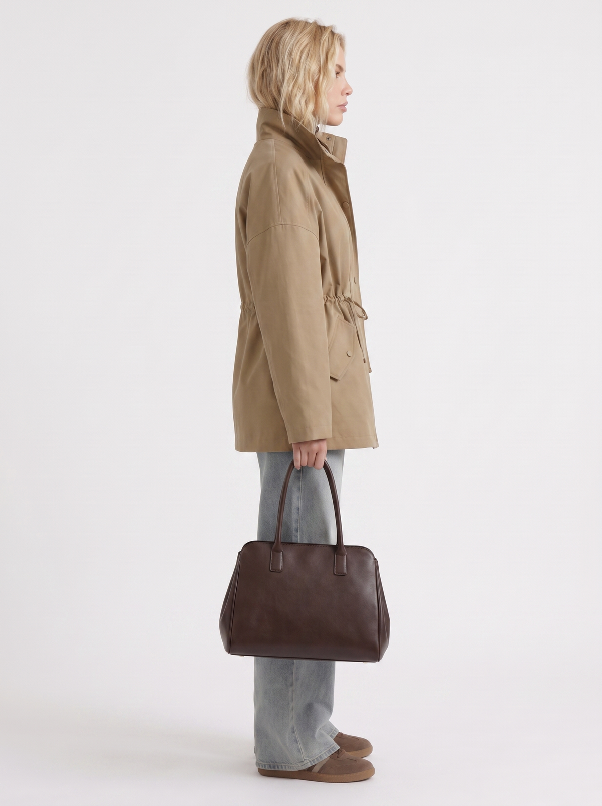 Khaki cinched waist zip up jacket with high collar and snap flap pockets - view 16