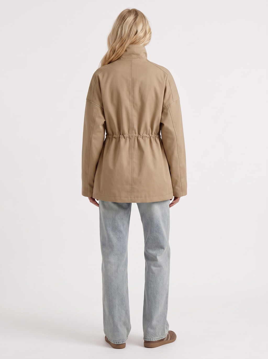 Khaki cinched waist zip up jacket with high collar and snap flap pockets - view 17