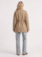 Khaki cinched waist zip up jacket with high collar and snap flap pockets - view 17
