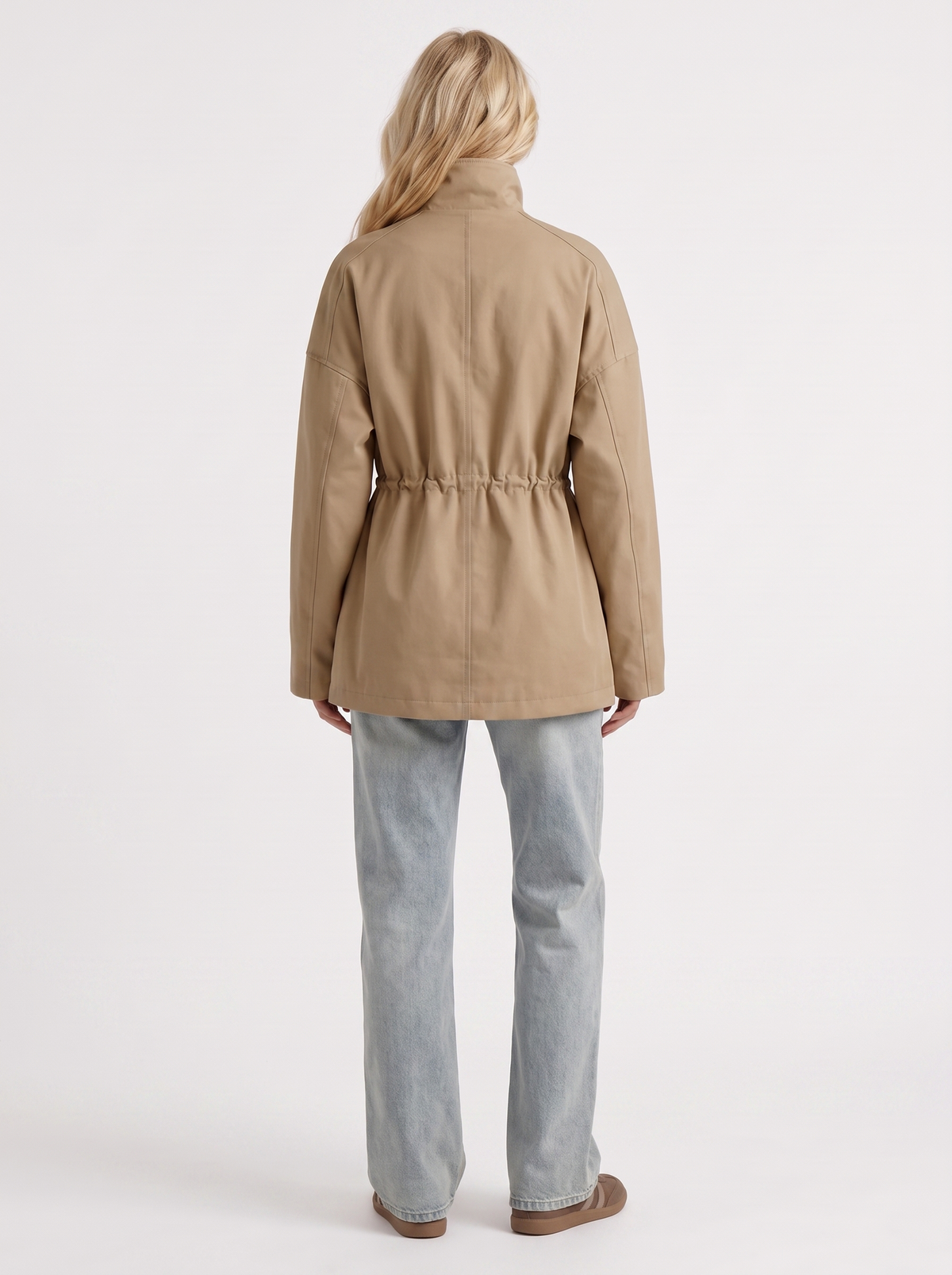 Khaki cinched waist zip up jacket with high collar and snap flap pockets - view 17