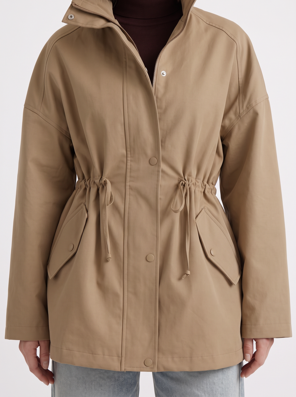 Khaki cinched waist zip up jacket with high collar and snap flap pockets - view 18