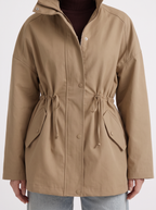 Khaki cinched waist zip up jacket with high collar and snap flap pockets - view 18