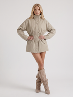 Khaki cinched waist zip up jacket with high collar and snap flap pockets - view 4