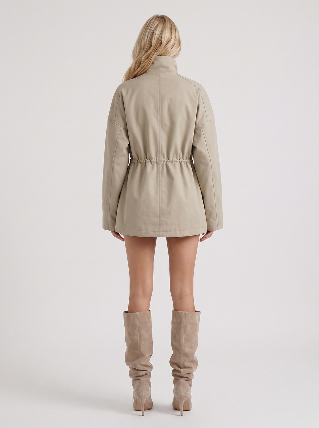 Khaki cinched waist zip up jacket with high collar and snap flap pockets - view 5
