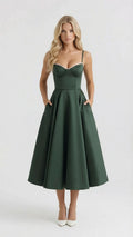 Maisie satin wedding guest midi dress with lace-edged sweetheart bodice and full skirt
