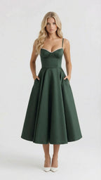Maisie satin wedding guest midi dress with lace-edged sweetheart bodice and full skirt