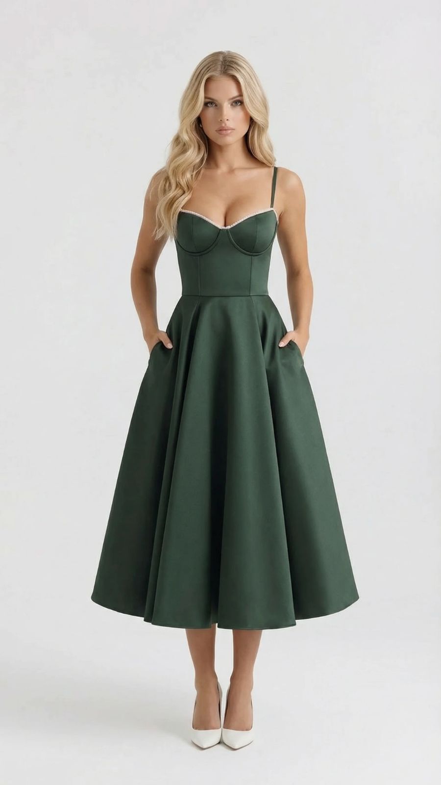 Maisie satin wedding guest midi dress with lace-edged sweetheart bodice and full skirt