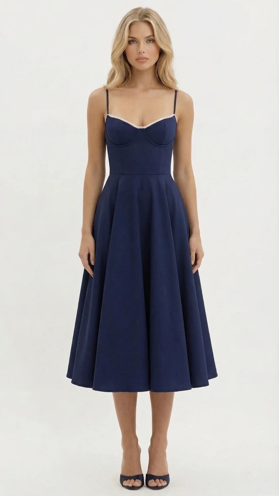 Maisie satin wedding guest midi dress with lace-edged sweetheart bodice and full skirt - view 10