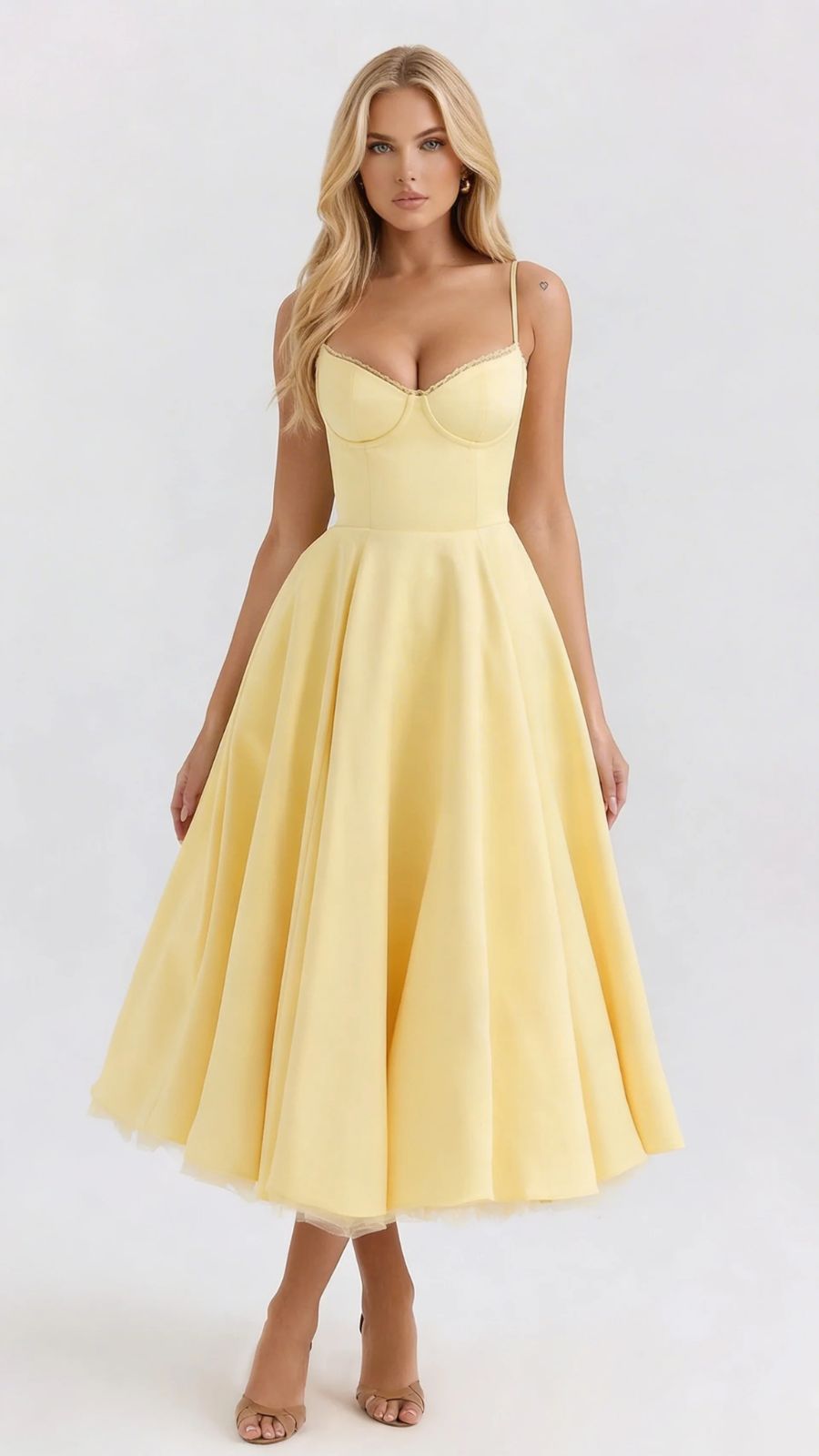 Maisie satin wedding guest midi dress with lace-edged sweetheart bodice and full skirt - view 14